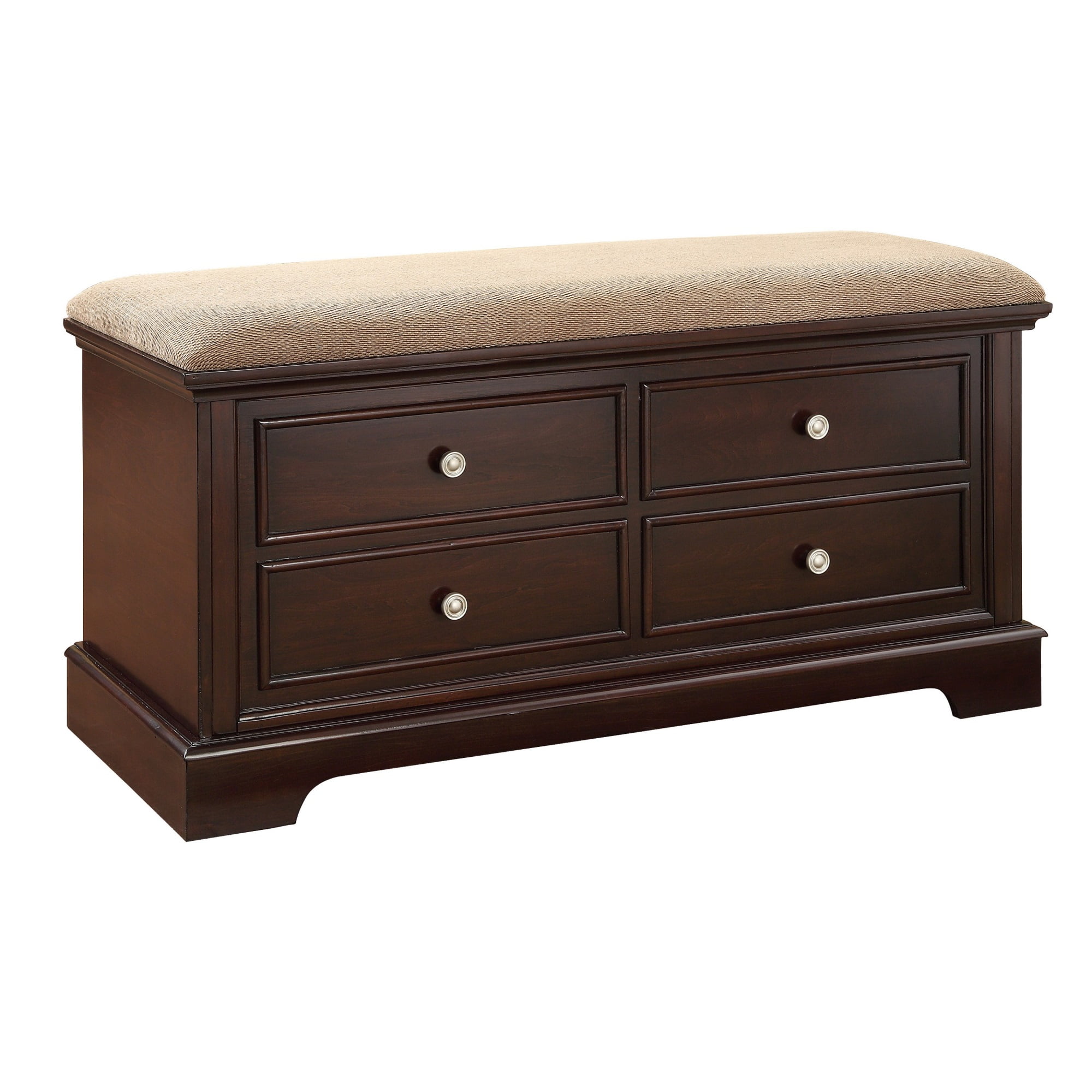 Wooden Bench with Fabric Seat and Storage Space, Brown and Beige