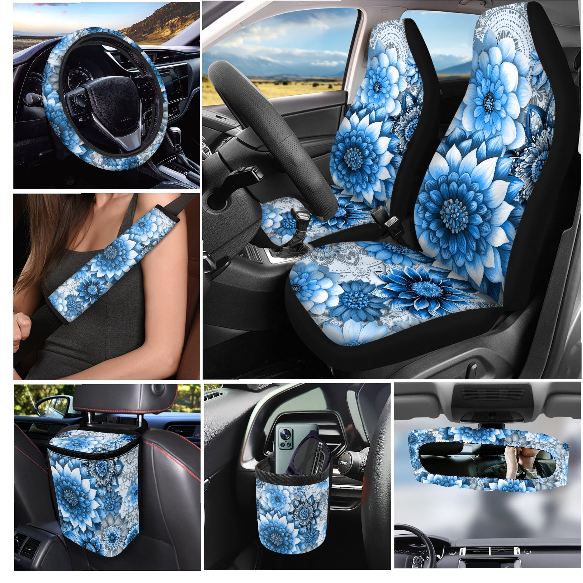 Yuyamidu Blue Dahlia Car Seat Cover Set of 15 Flower Steering Wheel Cover Auto Seat Belt Strap Pad Cup Mat Trash Bag Air Vent Organizer Rear View Mirror Protector Wristlet Keychain