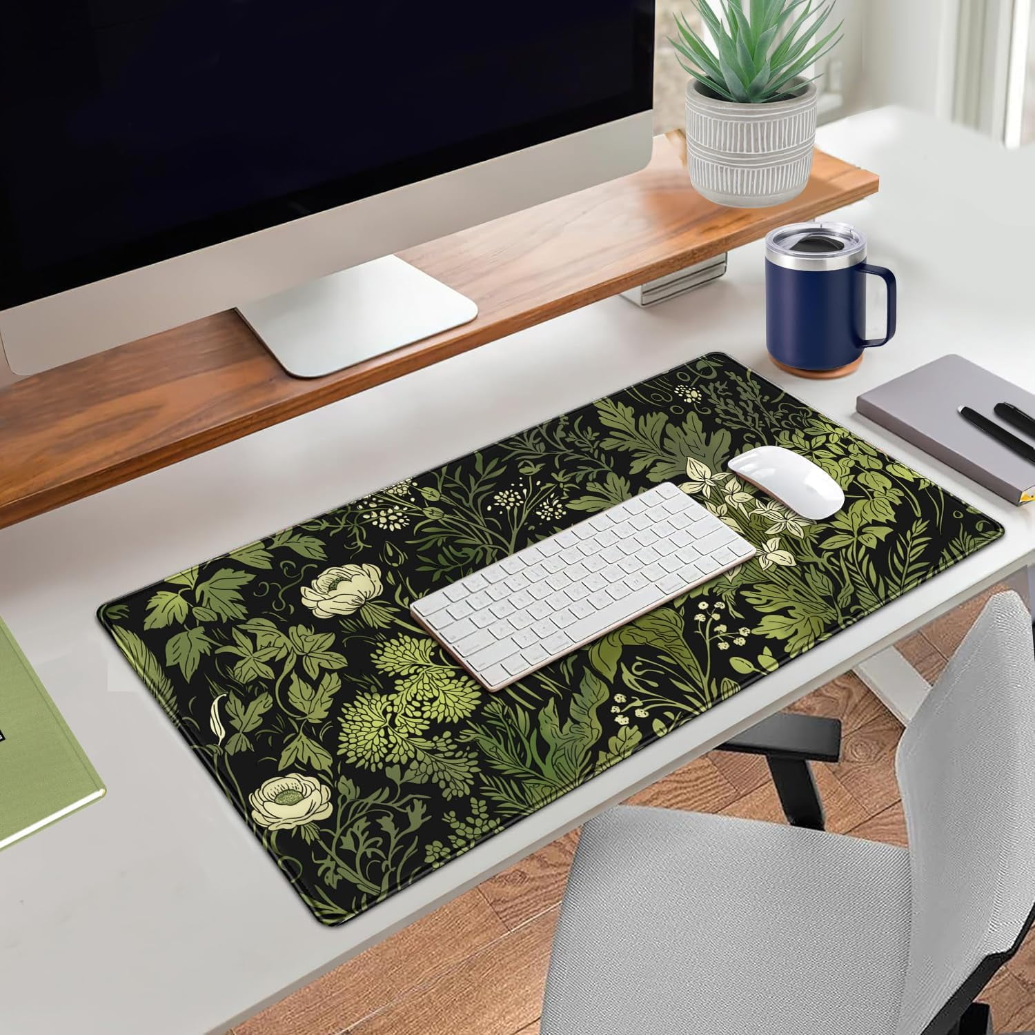Floral Green Leaves Plant Pad Matt for Desktop Large Gaming Mousepad XXL Full Desk Mouse Pad Computer Keyboard Mat Deskmat Aesthetic Office Decor 31.5 X 15.7 Inch