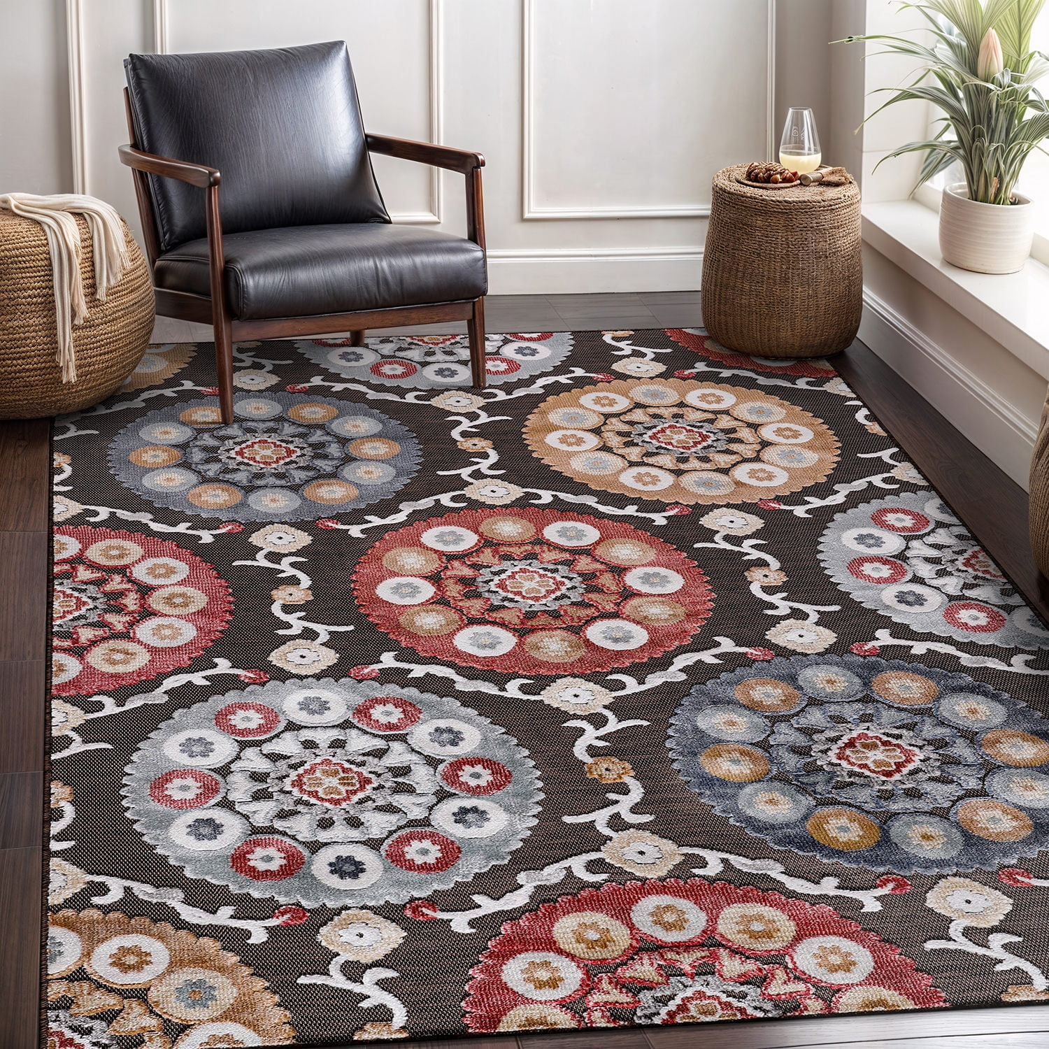 CAMILSON Spring Bohemian Medallion Floral Easy-Cleaning Non-Shedding Washable Outdoor Indoor Area Rug Brown 10x14
