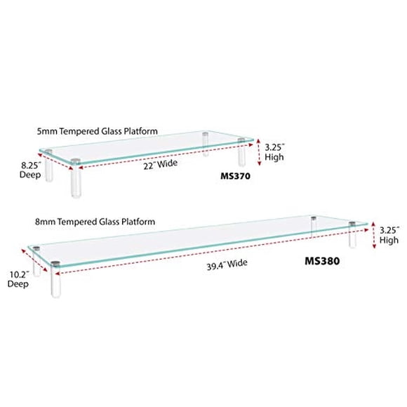 Kantek Glass Monitor Riser con plataforma de vidrio templado de 5 mm y capacidad de 40 libras, 22 pulgadas W x 8.25 pulgadas D x 3.25 pulgadas H, vidrio transparente (MS370)