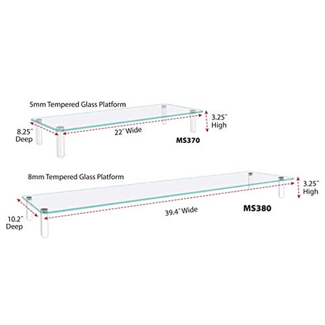 Kantek Glass Monitor Riser con plataforma de vidrio templado de 5 mm y capacidad de 40 libras, 22 pulgadas W x 8.25 pulgadas D x 3.25 pulgadas H, vidrio transparente (MS370)