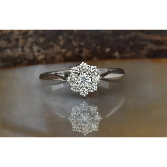 14K White Gold Plated 2 Ct Round Cut White Moissanite Cluster Flower Engagement Ring