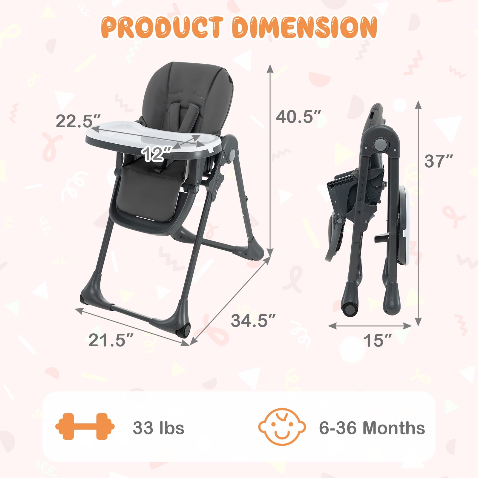 Infans Baby High Chair with 7 Height & 3 Footrest Adjustable Cup holder 2 Wheels