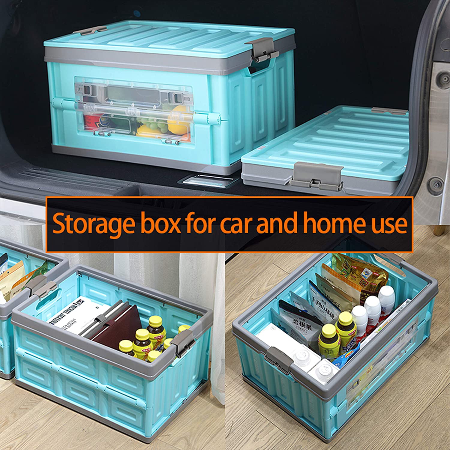 Foldable Car Trunk Organizer Storage Box Portable Collapsible 30 Liters Car  Trunk Plastic Box with Secure Buckle Lid and Side Opening, Blue 