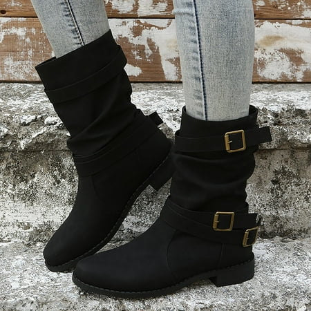

Aueoeo Platform Boots Cowboy Boots Black Booties For Women Women Fashion Shoes Retro Western Boots Casual Warm Low Heels Mid-Calf Boots