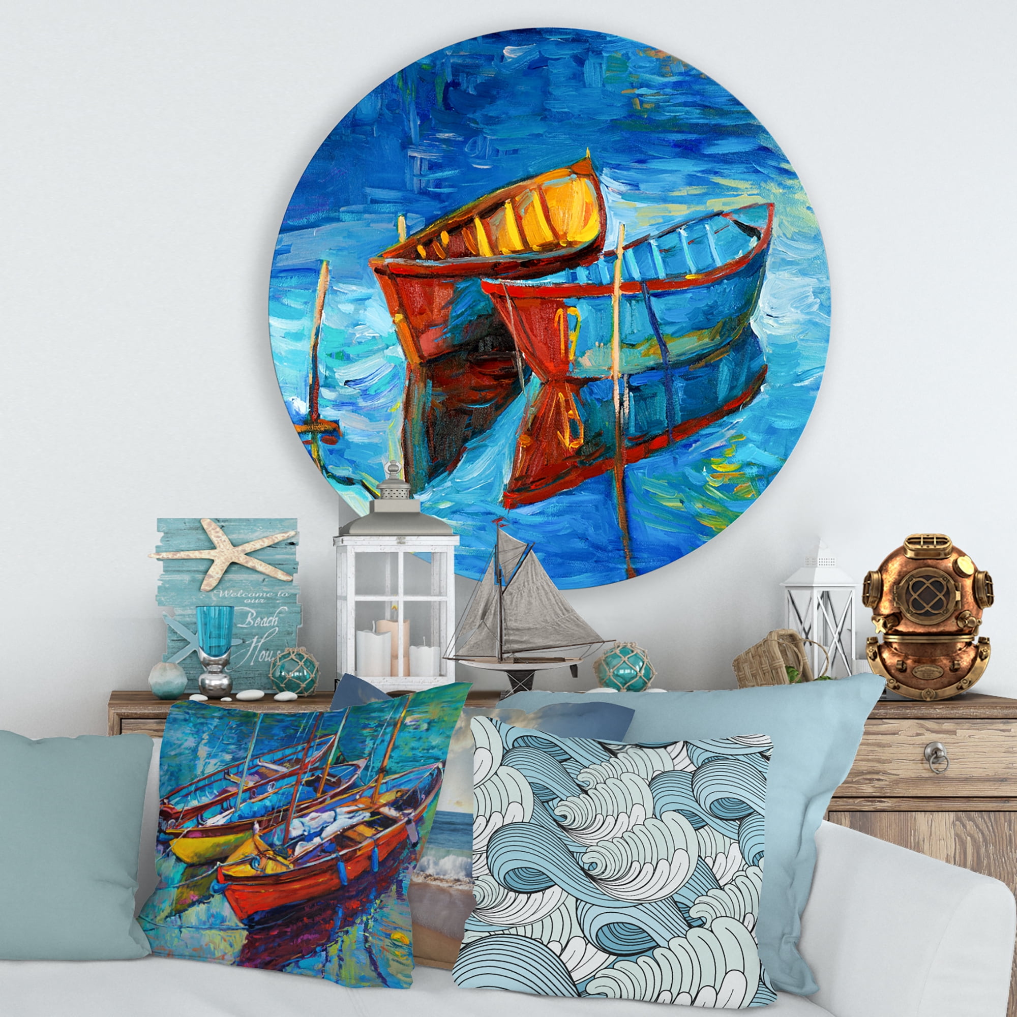 Designart 'Boat At The Lake During Evening Glow III' Nautical & Coastal Circle Metal Wall Art 36x36 - Disc of 36