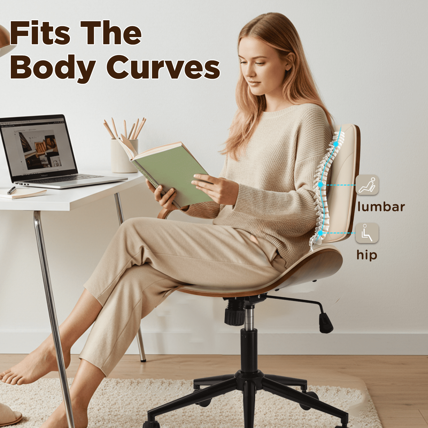 Erinnyees Wooden Office Desk Chair, Modern Armless Chairs, Armless, Adjustable Height, with Swivel Wheels for Small Spaces, Beige