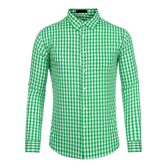 Camisa a cuadros para hombre, ajuste regular, con botones, manga larga, vestido, camisas a cuadros Verde blanco XL