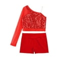 thumbnail image 3 of Doomiva Kids Girls Hip Hop Jazz Dance Outfits Sequins Mesh Long Sleeve One Shoulder Crop Top and Booty Shorts Set Red 14, 3 of 7