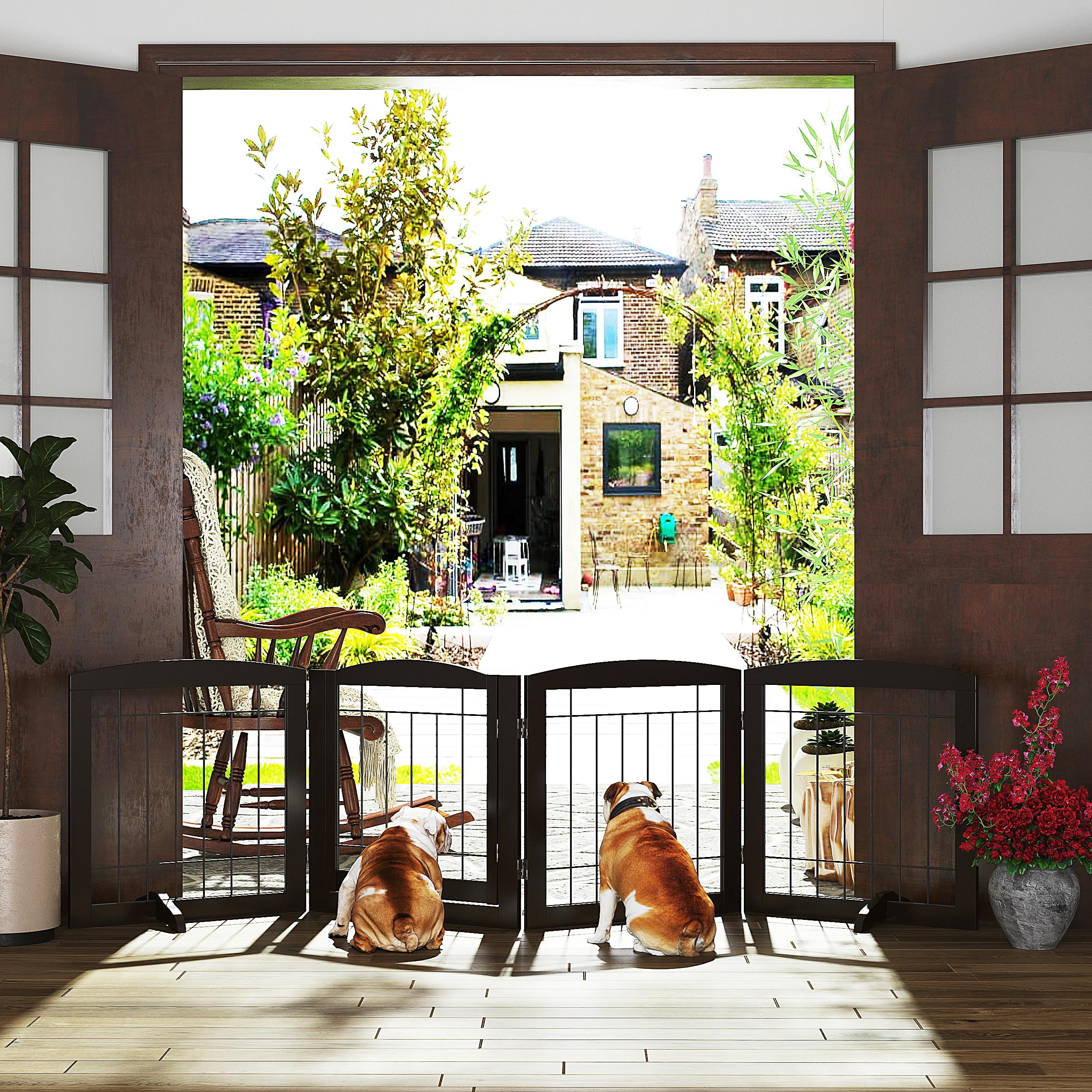 STAROUS Esspresso Freestanding Dog Gate with Walk-Through Door: Secure Indoor Barrier - 80" Wide, 24" Height, 4 Panels