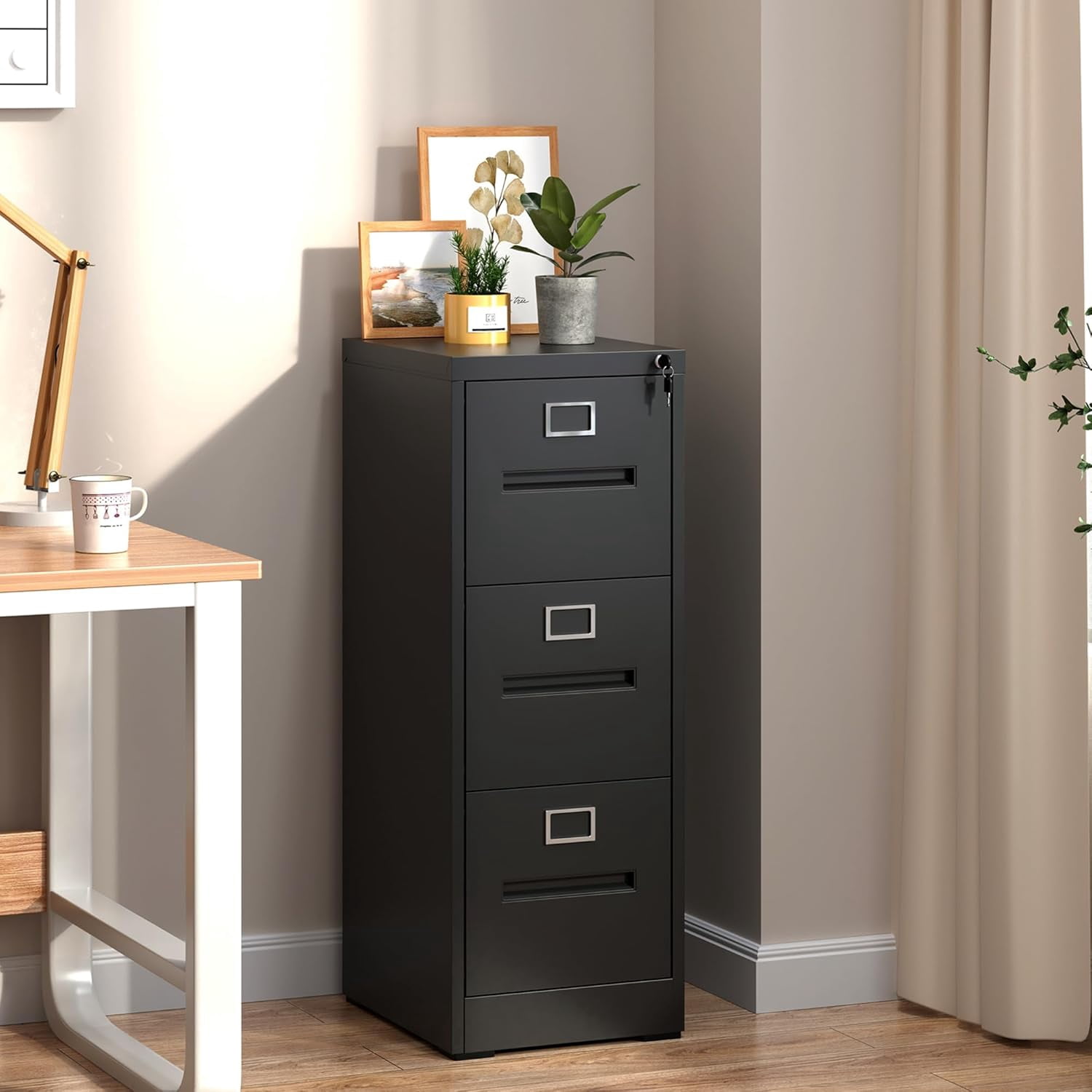 IKIMI Black Metal File Cabinet with 3 Drawer,Vertical File Cabinet with Lock for A4/Letter/Legal Size Files,Steel Filing Cabinets for Home Office,Assembly Required