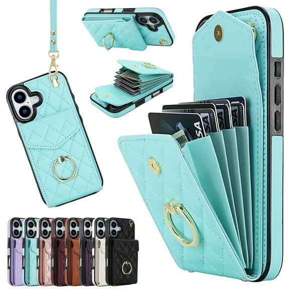 Kryonix for iPhone 17 Wallet Case, Crossbody Purse with Wrist Strap Lanyard Handbag, RFID Blocking Card Holders, 360 ° Rotation Ring Kickstand, Pink/Beige/Black/Purple