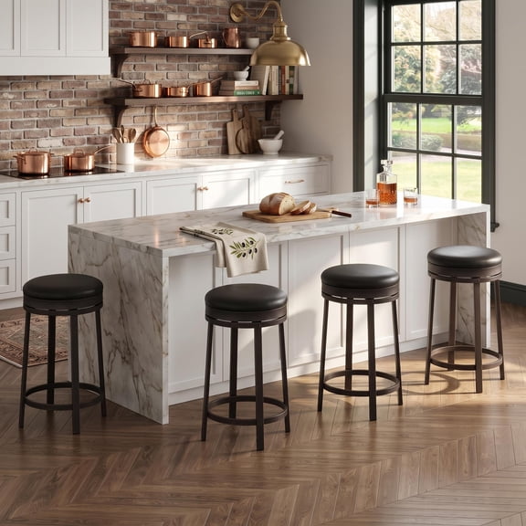 24" Swivel Bar Stools Set of 4, Modern Counter Height Barstools PU Leather Upholstered Metal Frame, Backless Round Bar Stools with Footrest for Kitchen Island, Black
