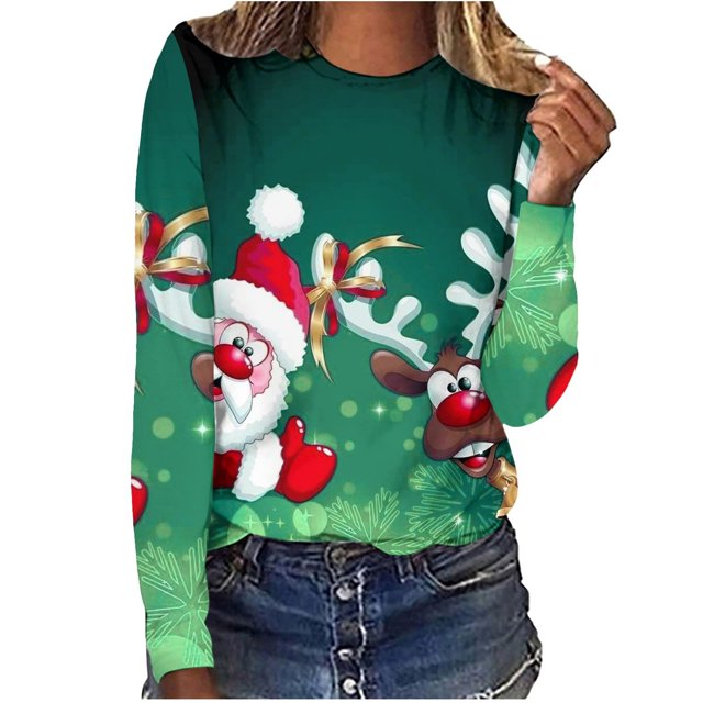 Camisas Navideñas Para Mujer, Camisetas de Manga Larga, Blusa Informal Holgada Con Cuello Redondo Estampada A La Moda Odeerbi ODB194681