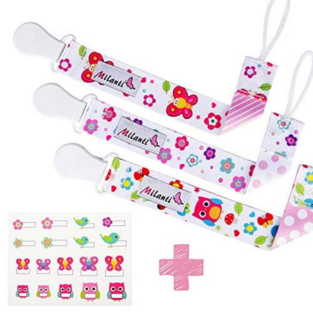 

Milanti Pacifier Clip Set - Three Clips Plus 18 Name Tag Labels - Universal Paci Holder Fits Most Binky Brands and Teethers - Rose and Yellow Floral Fun for Girls or Boys