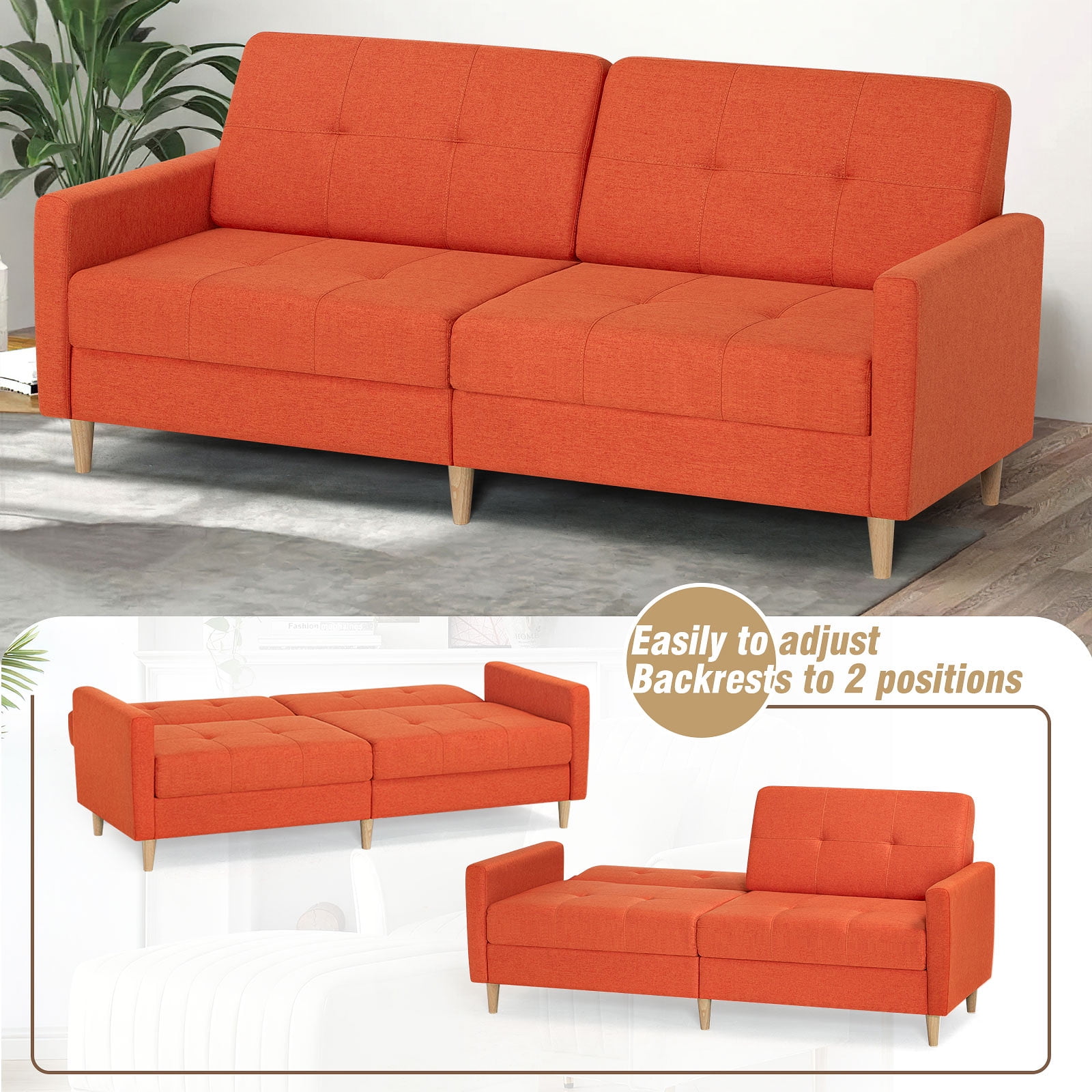 YYAo Modern Convertible Futon Sofa Bed, Upholstered Loveseat with Adjustable Armrests and Splitback for Living Room, Apartment, Office, Small Space, Orange YYAo Modern Convertible Futon Sofa Bed, Upholstered Loveseat with Adjustable Armrests and Splitback for Living Room, Apartment, Office, Small Space, Orange