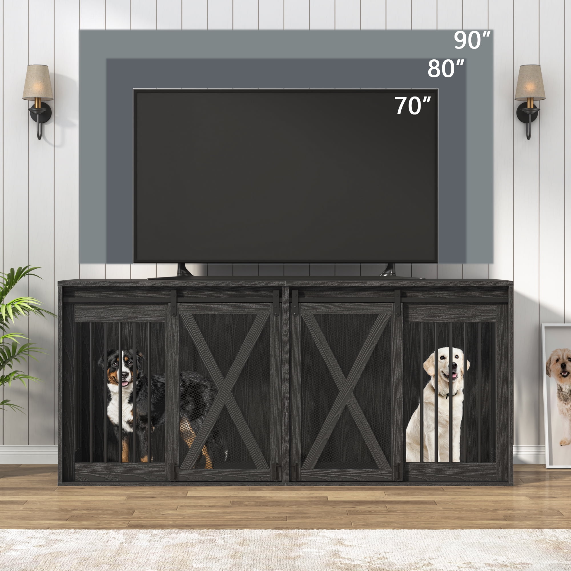 78.7" XXL Dog Crate Furniture for 2 Large Dogs, Farmhouse Dog Kennel TV Stand with Sliding Door and Removable Divider, Black