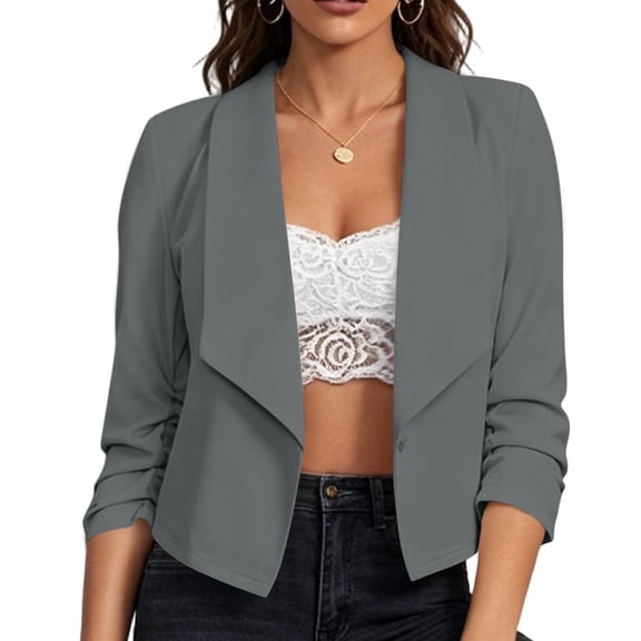 hoksml Women's Waterfall Lapel Cropped Blazer, Lightweight Casual Suit Coat with Ruched 3/4 Sleeve
