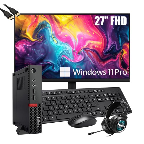 Lenovo ThinkCentre M910Q Mini PC de sobremesa con Nuevo Monitor FHD de 27 Pulgadas, Intel Quad Core i5-6500T, 16 GB DDR4, 256 GB SSD, Auriculares, Teclado y ratón, Windows 11 Pro (renovado)