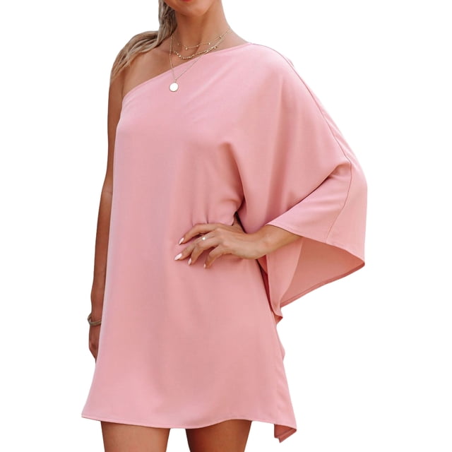 Txlixc Vestido corto de fiesta de club de verano con manga de murciélago suelta de un hombro para mujer Txlixc Sexy