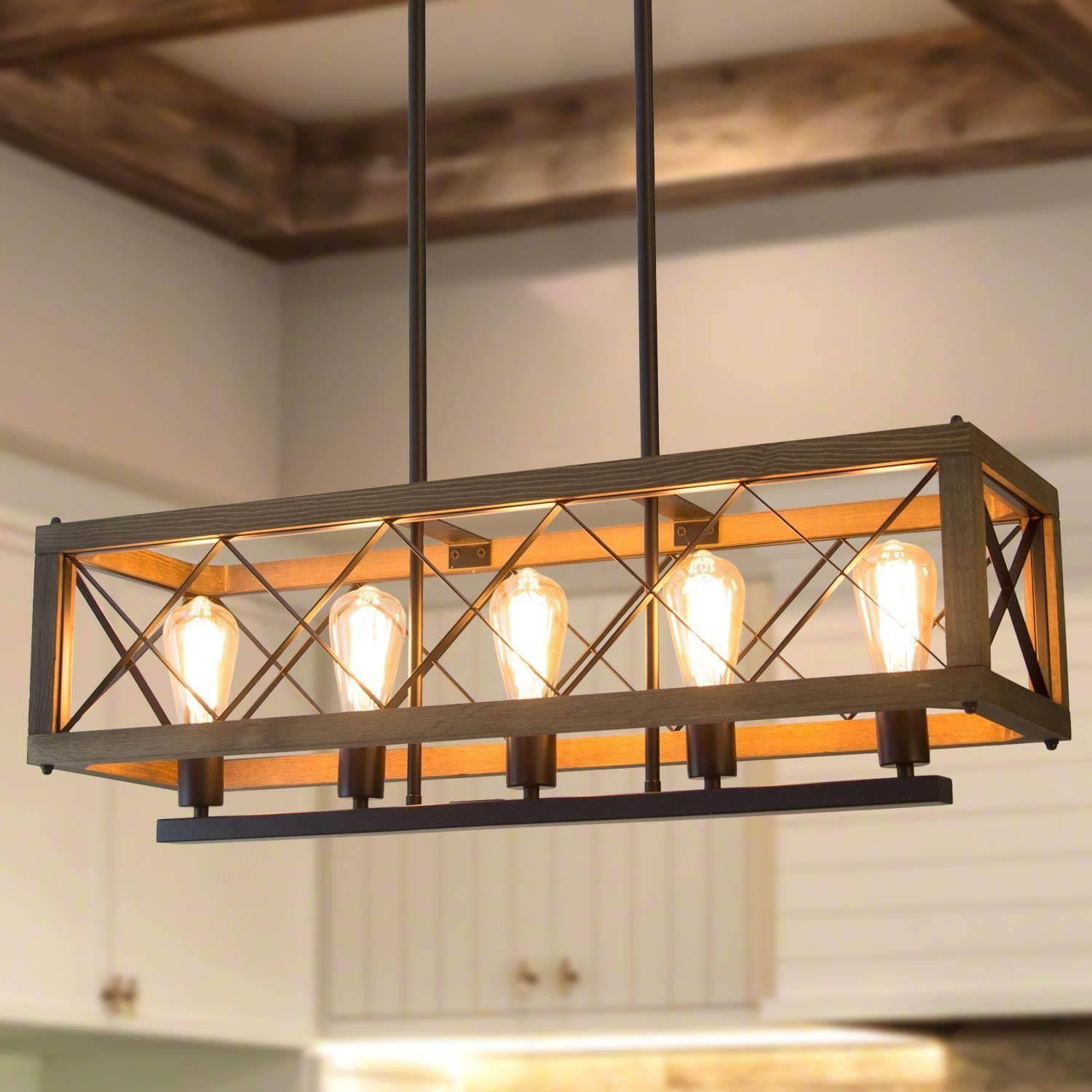 LNC 5-Light Farmhouse Matte Black and Wood Shade Linear for Chandelier ...