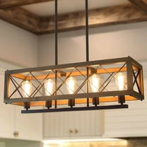 LNC 5-Light Farmhouse Matte Black and Wood Shade Linear for Chandelier and Kitchen Island Light Fixtures
