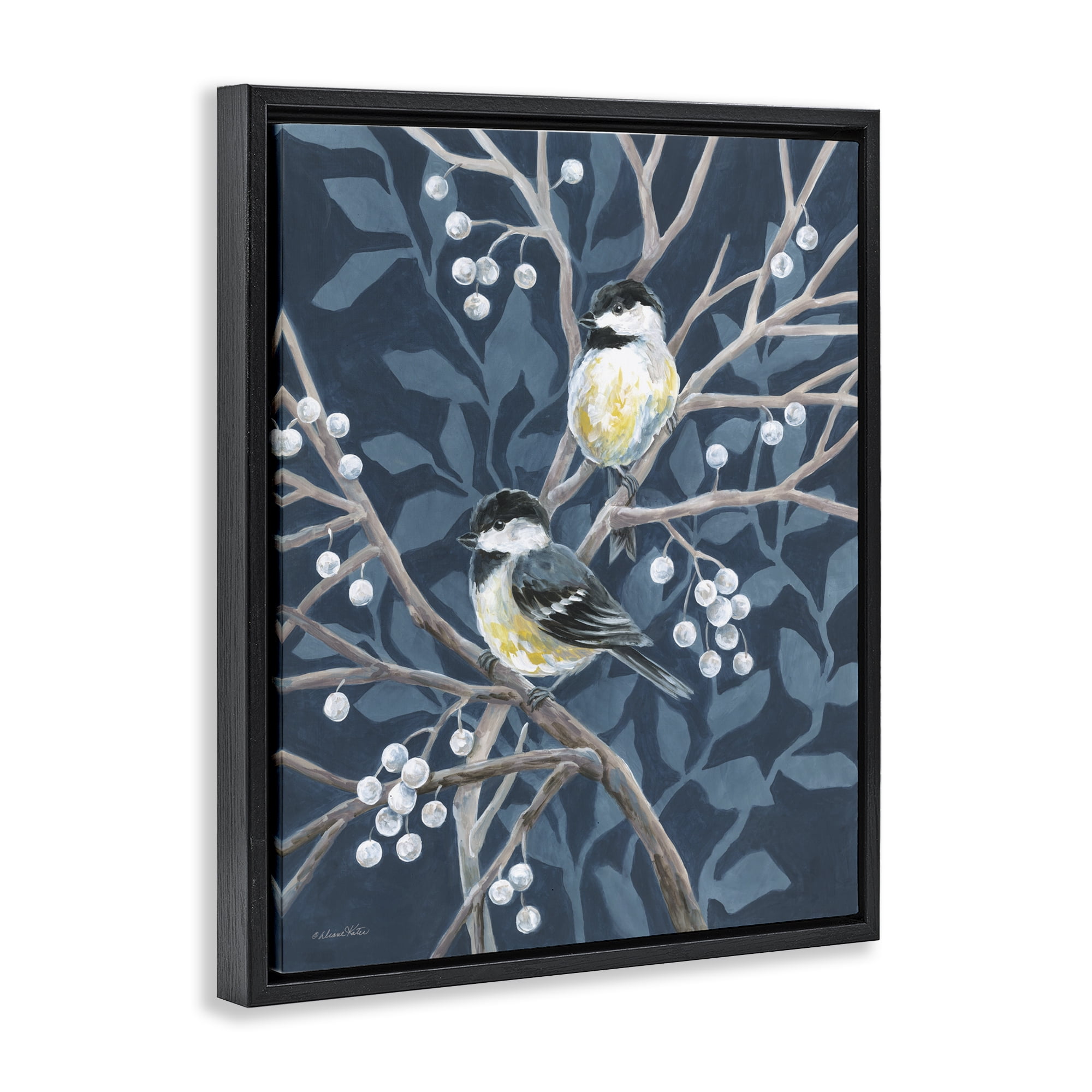 Stupell Industries Chickadees on Winter Berries Black Framed Floater Canvas Wall Art, design by Diane Kater