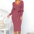 thumbnail image 2 of Women's Sweater Dress Autumn Winter Long Sleeve V Neck Tie Waist Dress Stylish Casual Elegant Outfit for Parties and Daily Wear Women Fall Fashion, 2 of 4