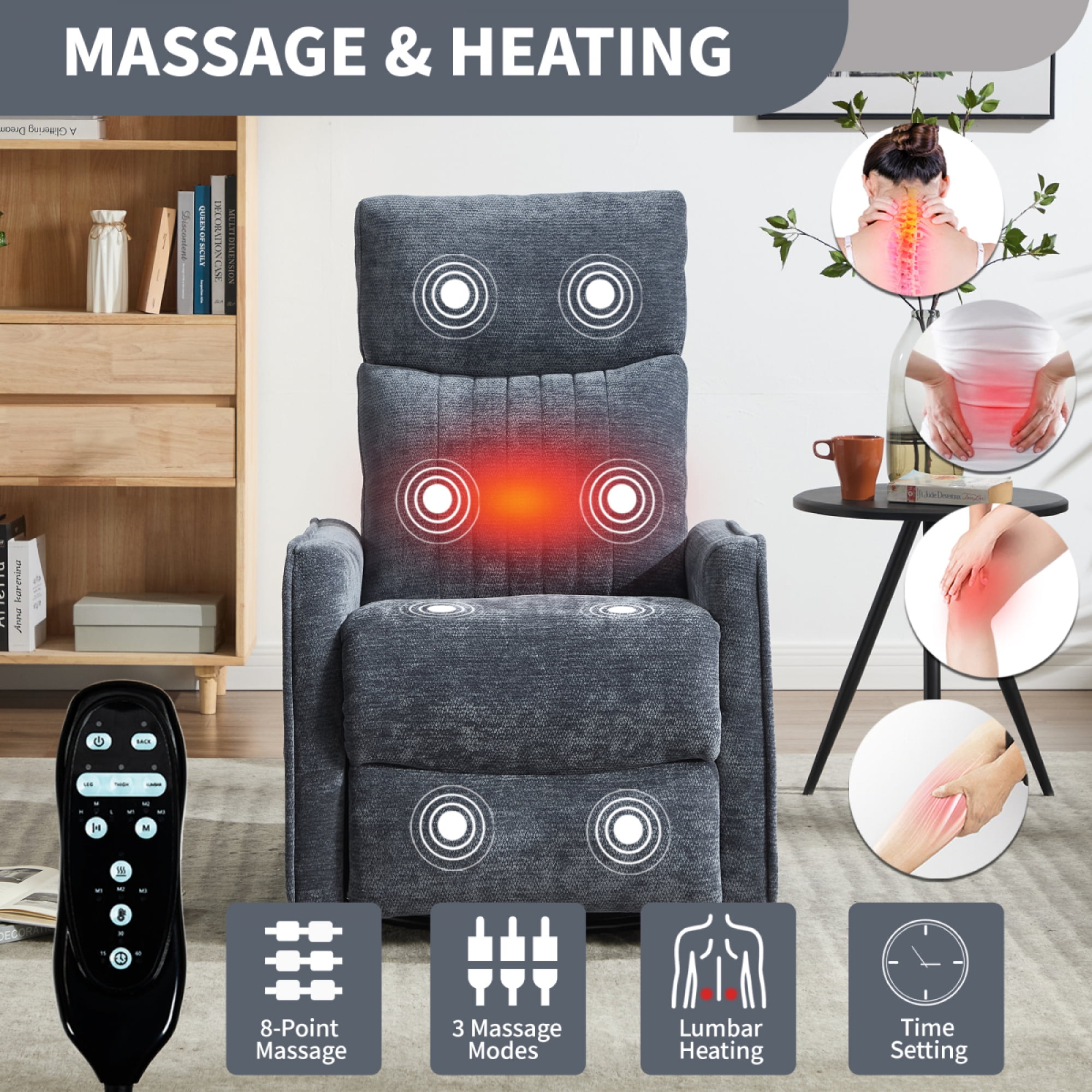360 Swivel Rocking Recliner Chair for Adults, Nursery Rocking Chair with Heat and Massage, Glider Reclining Chair for Small Space, Living Room, Bedroom (Chenille, Blue)