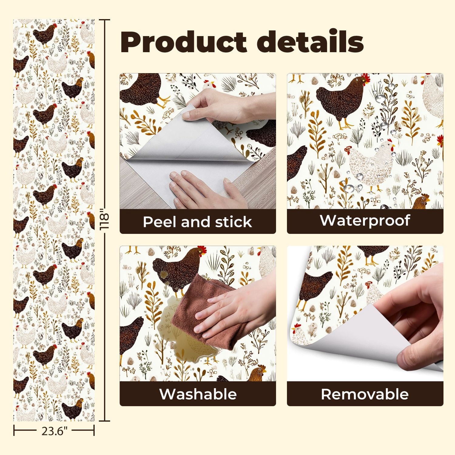 Peel and Stick Wallpaper Floral cute cartoon chicken white Wall Mural 23.6in x 9.8ft Self Adhesive Removable Wall Paper Renter Friendly Wallpaper for Bedroom Nursery
