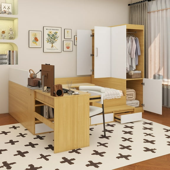 Full size Wooden Platform Bed with 6 Drawers, Shelves, desk and Wardrobe, Natural