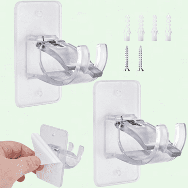 Drill-Free Curtain Rod Brackets, Self-Adhesive Window Hardware Rod Hooks, 2-Pack (Clear)