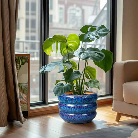 SQOWL Ceramic Pot for Plants - 10 Inch Plant Pot Indoor Outdoor Planter with Drainage Hole Large Flower Pot Decorative Plant Pot for Living Room Decor Blue