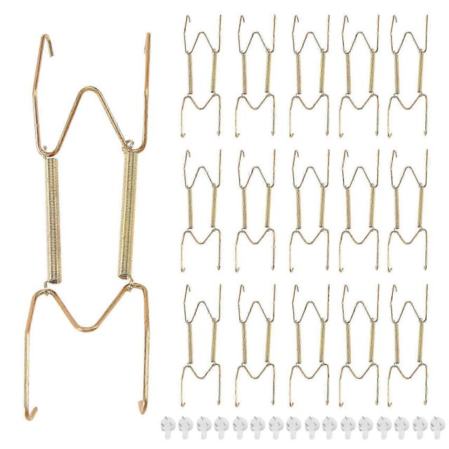 16 Pieces 6 Inch Invisible Plate Hangers Wall Plate Hangers Brass Wire Plate Holders with 18 Pieces Wall Hooks for 5 to 7 Inch Decorative Plates Antiq