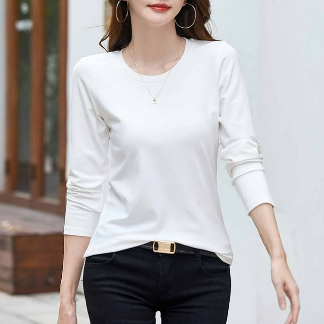 RXIRUCGD Hauts pour Femmes 2024 Col Rond Couleur Unie Chandail de Base Intérieur à Manches Longues Haut/chemise à Col Rond, Blanc, Taille : S