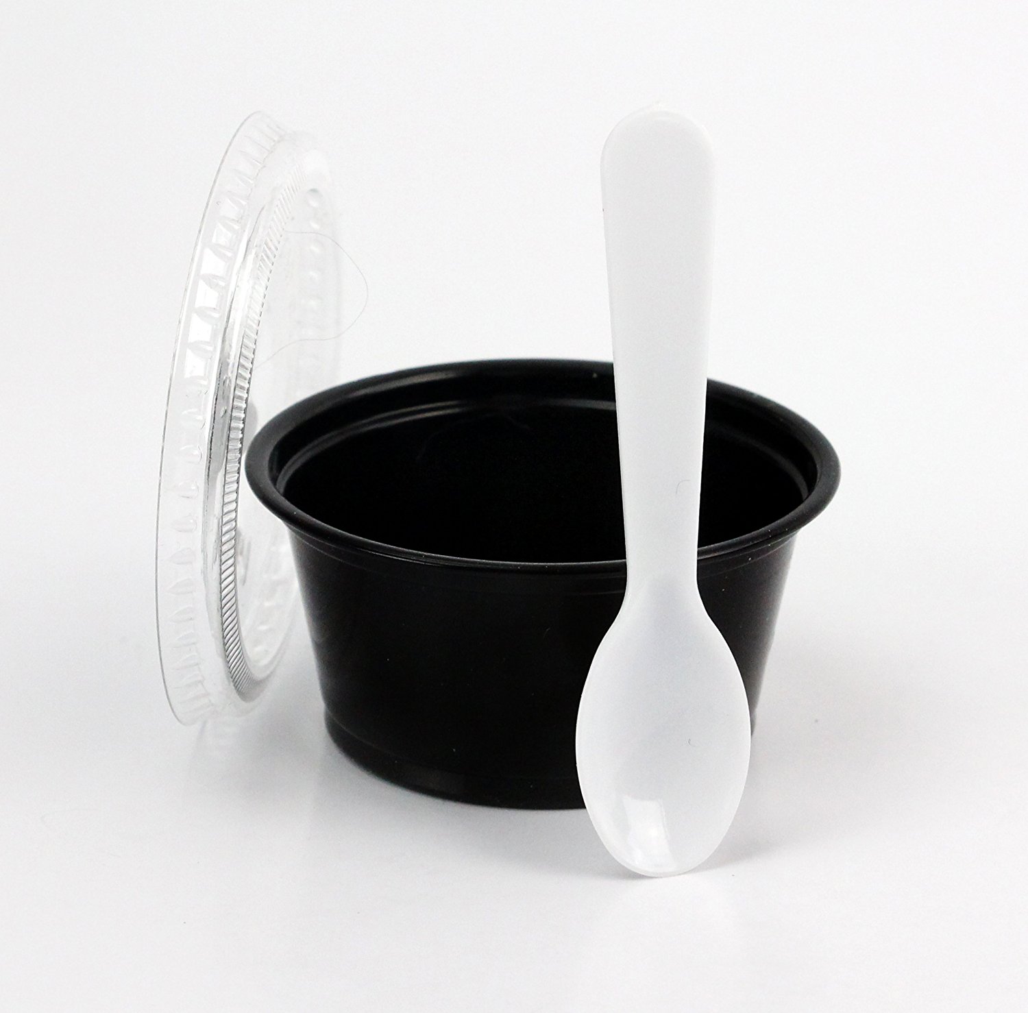 Disposable Black 2oz Plastic Condiment Cups with Lids and 3' Sampling