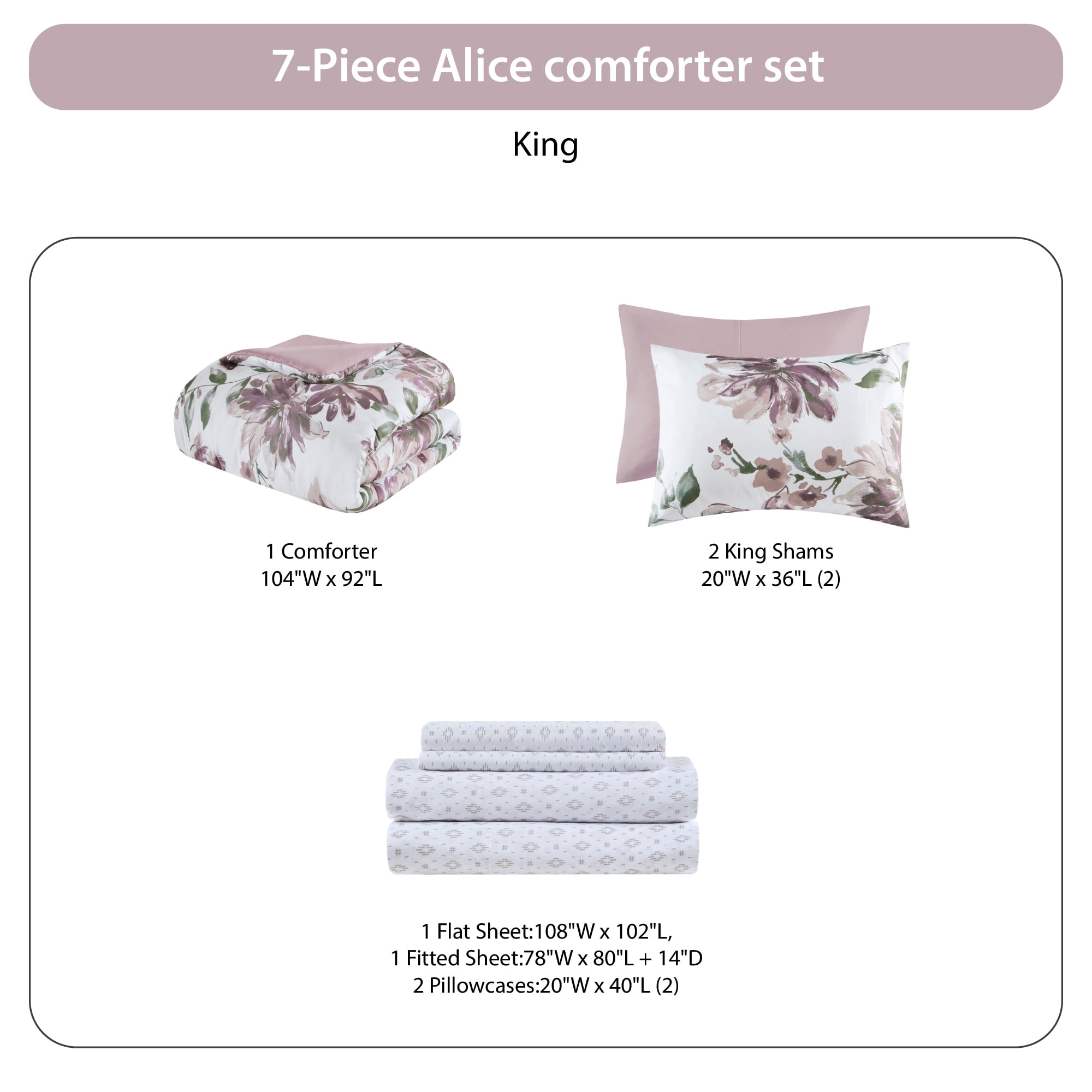 Madison Park Essentials 7 Piece King Floral Comforter Set, Soft Brushed Bed in A Bag with Bed Sheets, Spring Lavender Comforter Bed Set, Bedding Sets with Flat Sheet and Fitted Sheet for Girls