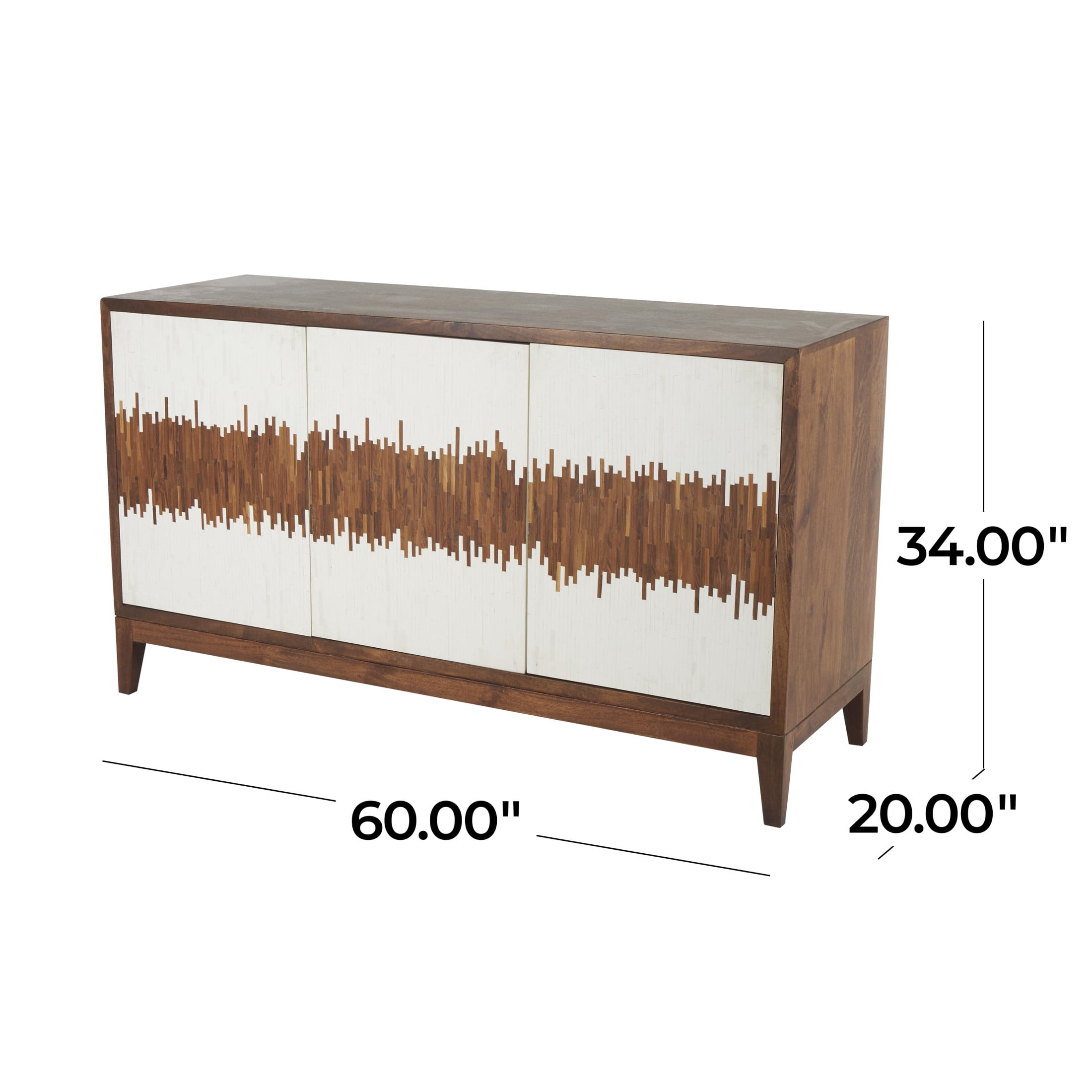 DecMode 60" x 34" Brown Mango Wood Abstract 3 Door and 3 Shelf Sideboard with White Front and Striped Pattern, 1-Piece