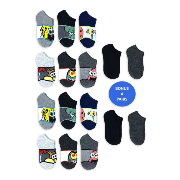 SpongeBob SquarePants Boys No Show Socks, 16-Pack, Sizes S-L
