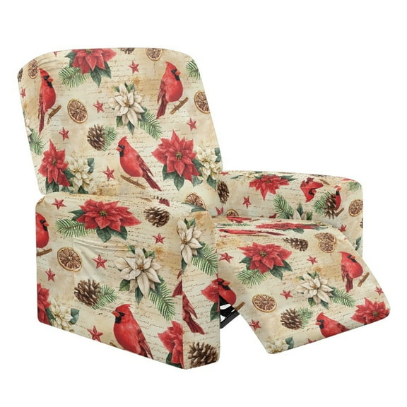 LedBack Cardinal Floral Printed Recliner Slipcovers with Pocket Dustproof Reclining Chair Sofa Covers 4 Pieces Lazy Boy Chair Covers for Christmas Decor, Brown and Red