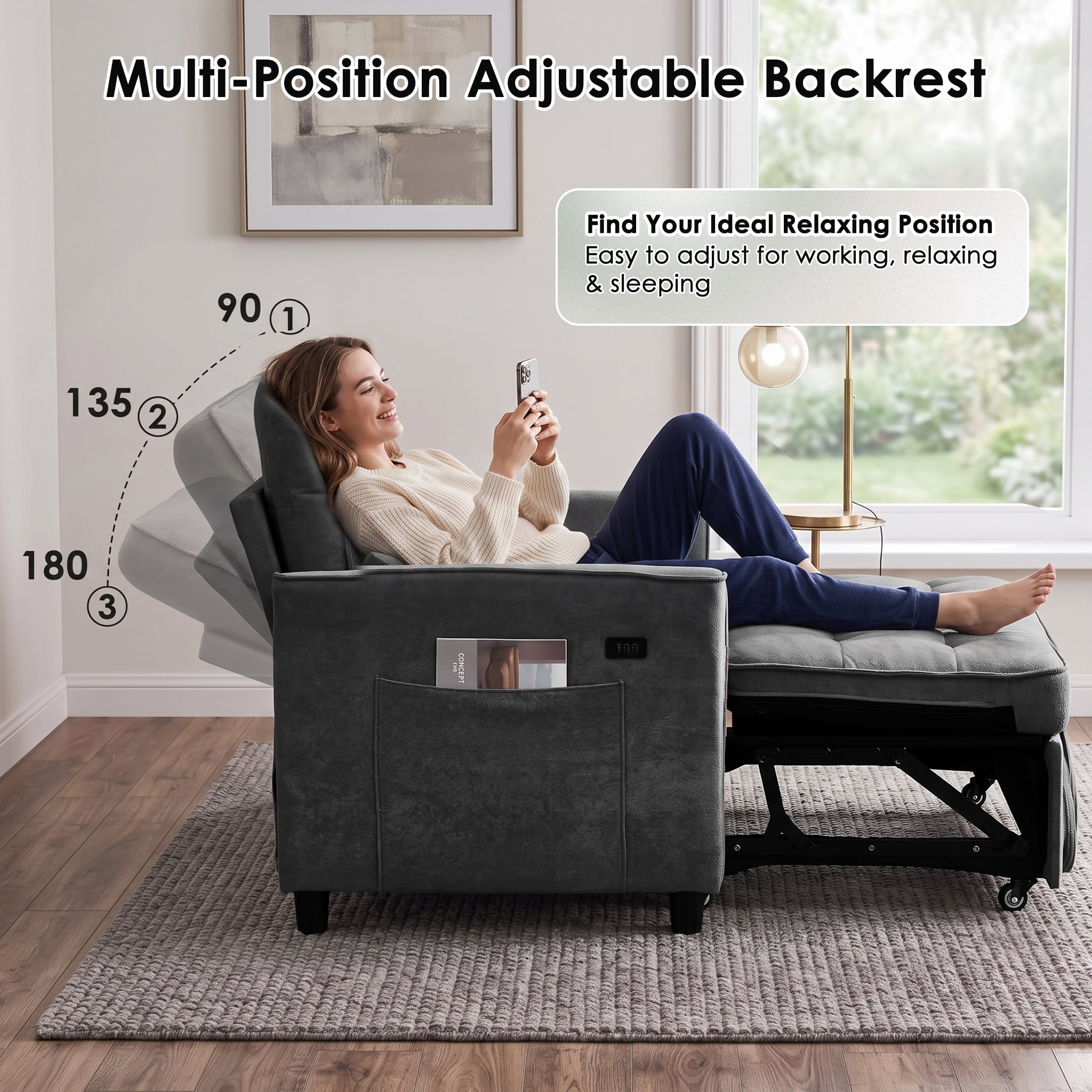 Anpport 54" 3‑in‑1 Convertible Sofa Bed, Towel Fabric, 3‑Position Adjustable Backrest with USB Charging Ports, for Living Room, Apartment, Dark Gray