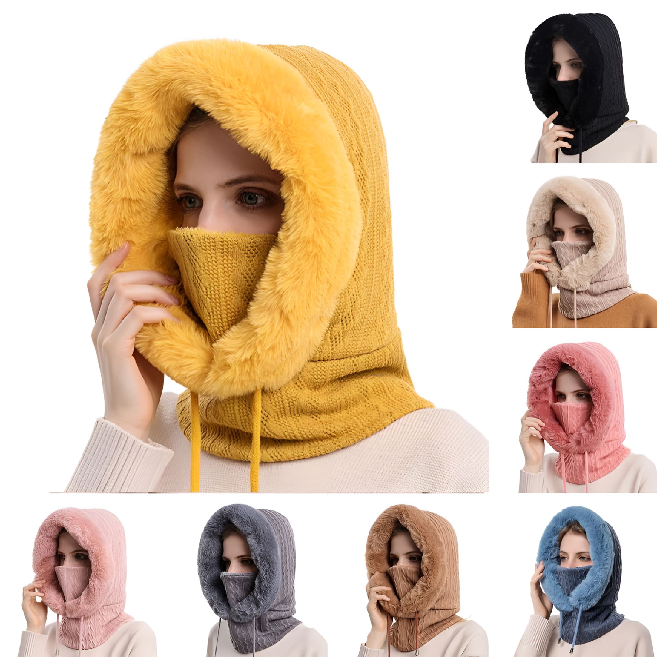 TELOLY 2026 New Women One Piece Slouchy Fleece Beanie Hats with Scarf Mask Drawstring Winter Warm Hooded Balaclava Pullover Cap for Outdoor,Travel,Hiking,Skiing,Snowboarding,Black