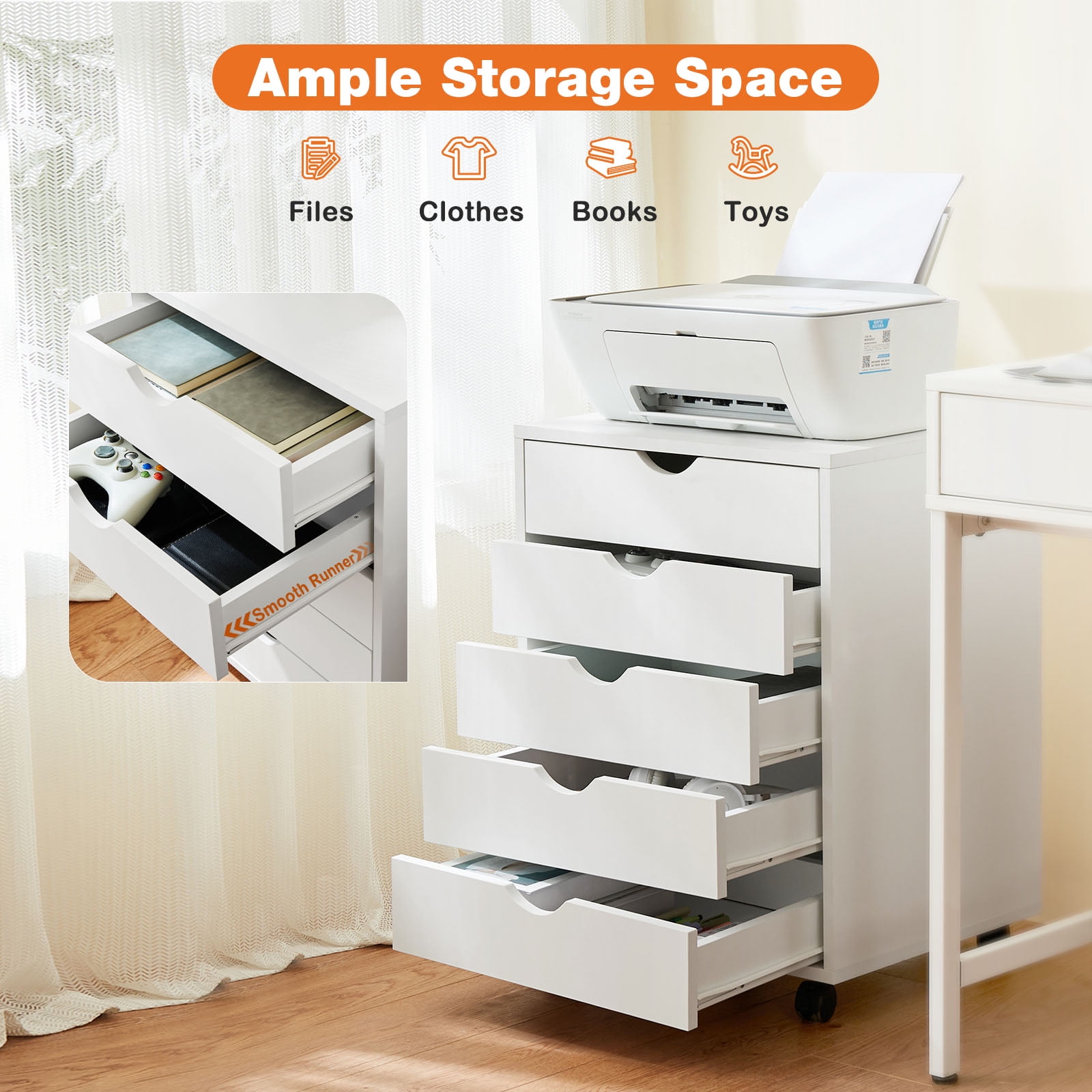 LIFERECORD 5-Drawer Chest, Wood Storage file Cabinet Rolling Storage Dresser with Wheels for Home Office, White