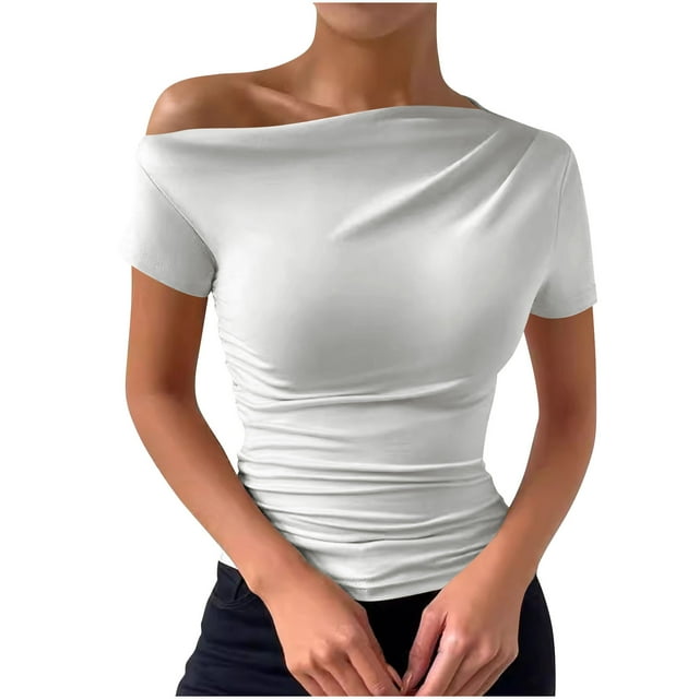 Plebaso Women's One Shoulder Tops Short/Long Sleeve Slim Shirts Ruched Going out Tees Shirts for Women
