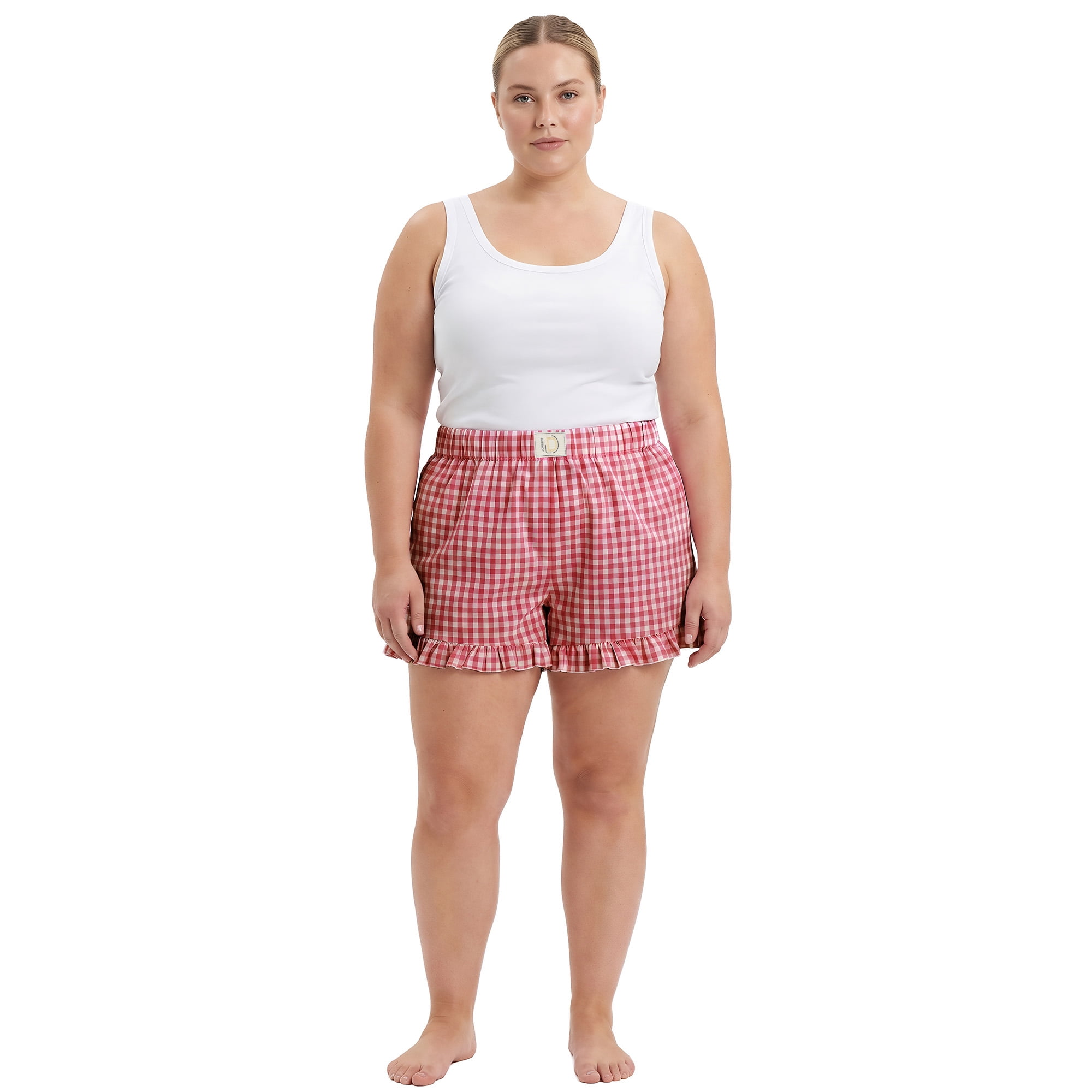 Dakimoe Women's Pajama Shorts with Ruffle Hem, Gingham Plaid Boxer Sleep Shorts & Lounge Shorts