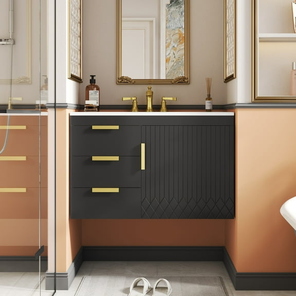 Euroco 30" Wall Mounted Bathroom Cabinet with Ceramic Basin Sink, Bathroom Cabinet with Soft-Closing Door and Drawers, Modern Bathroom Vanity with Sink