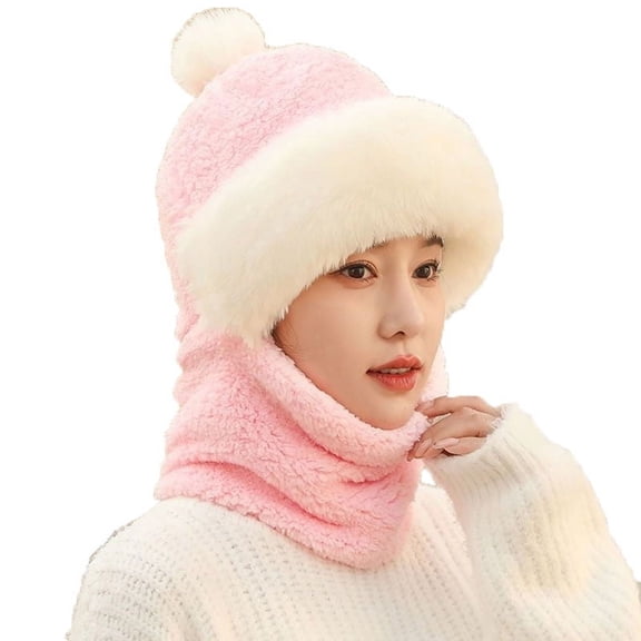 Xfvqtps Womens Hat Scarf Integrated Ear Protection Fuzzy Plush Pompom Solid Color Thickened Windproof Coldproof Warm Winter Cloche Hats Pink