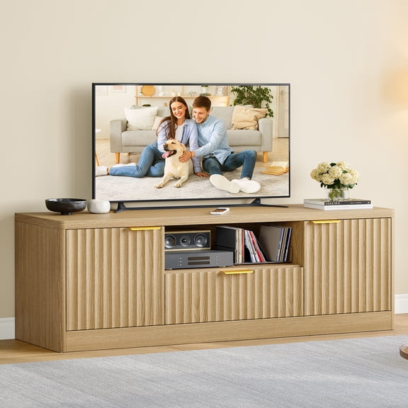 55" TV Stand for TVs Up to 65", Modern Fluted Entertainment Center with Drawer and Open Shelf, Media Console Table, TV Stands for Living Room & Bedroom, Nature Oak