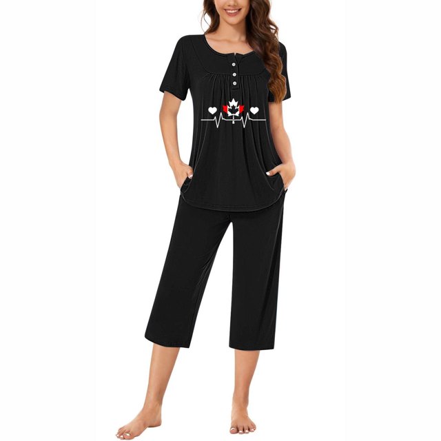 Qiopertar Ensemble de Pyjama à Manches Courtes et Col Rond pour Femmes avec Poches, Livraison Gratuite